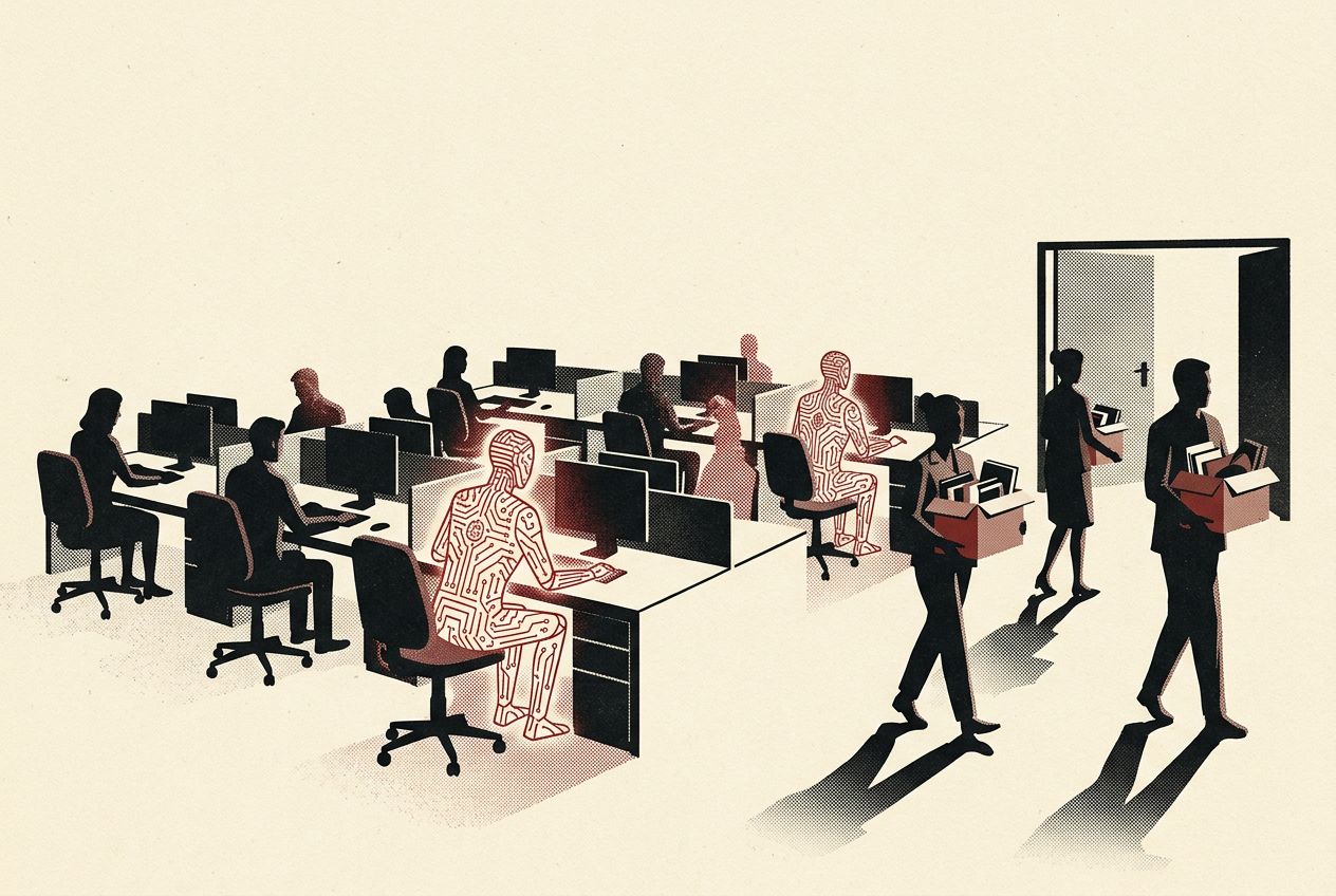 Knowledge workers at their desks dissolving into AI-agent forms