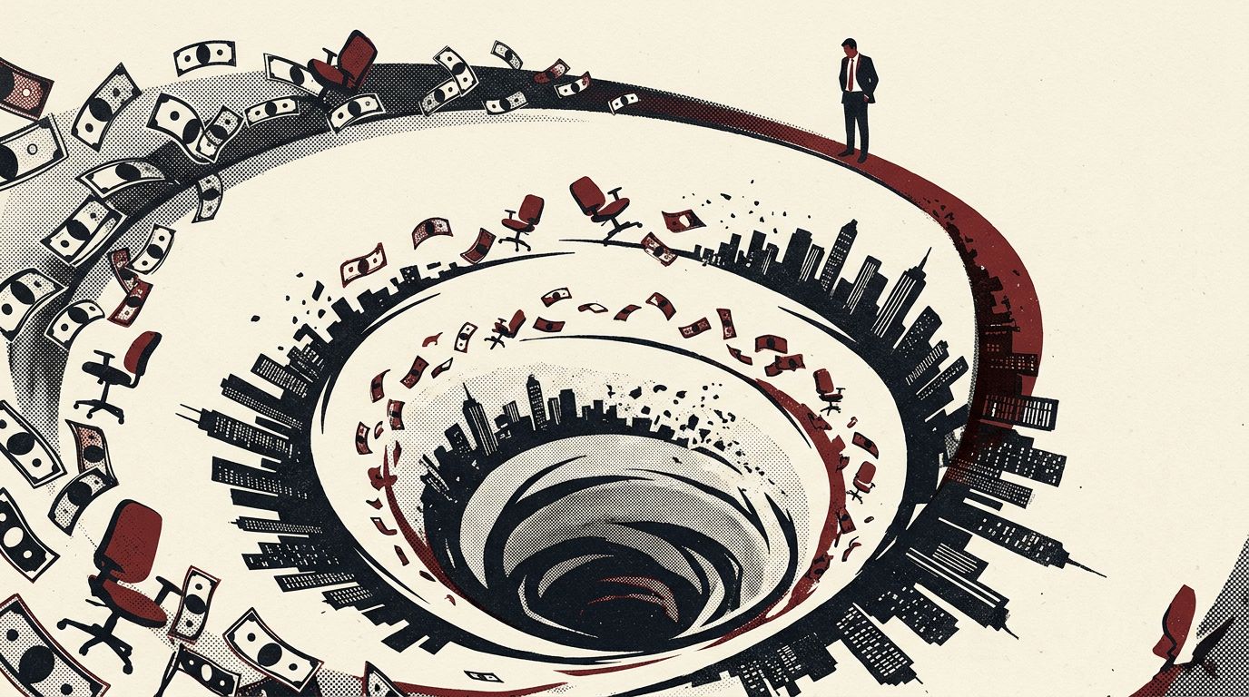 An economy spiralling into a vortex of falling banknotes and office chairs