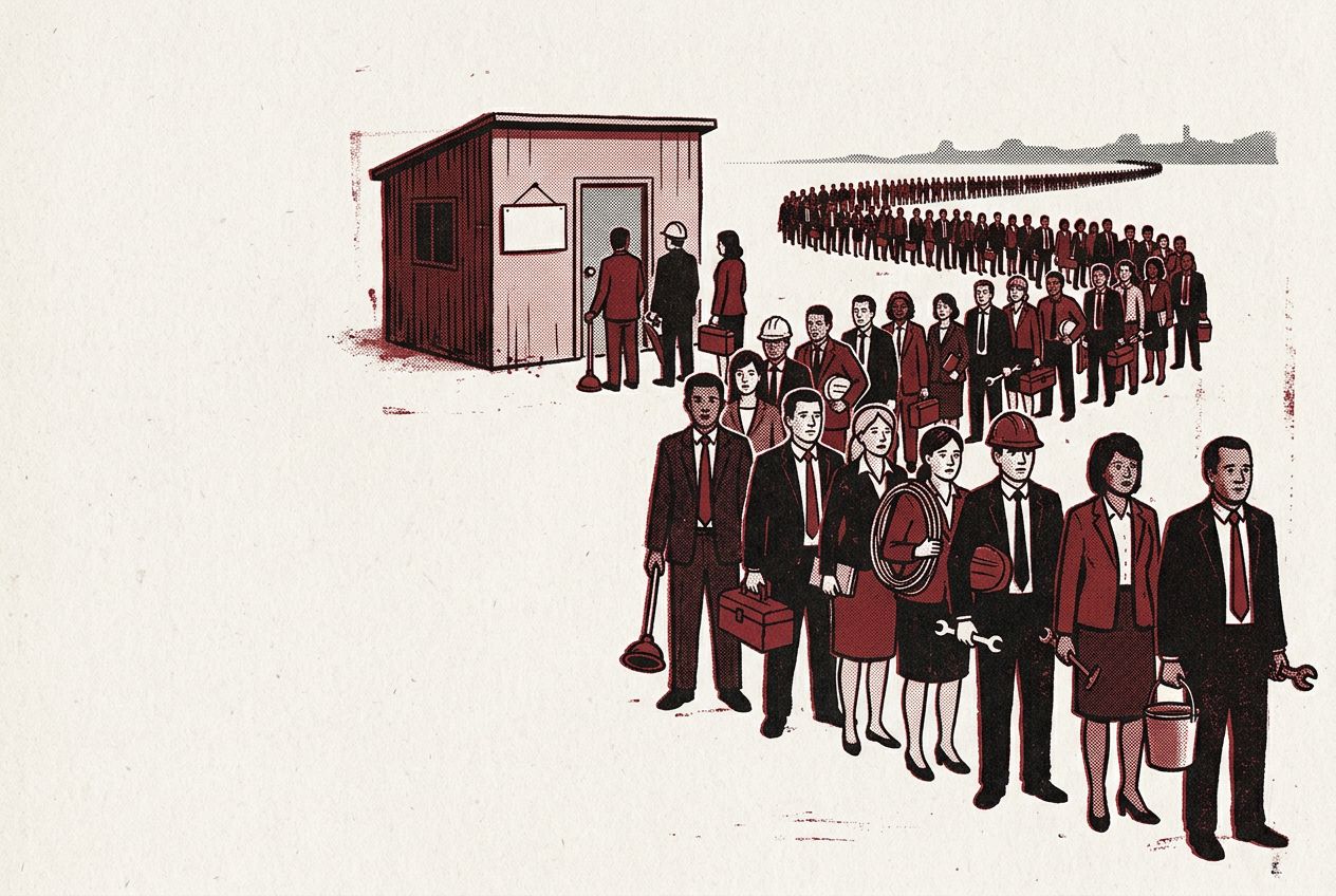 A vast queue of suited professionals holding plungers and toolboxes outside one small job site
